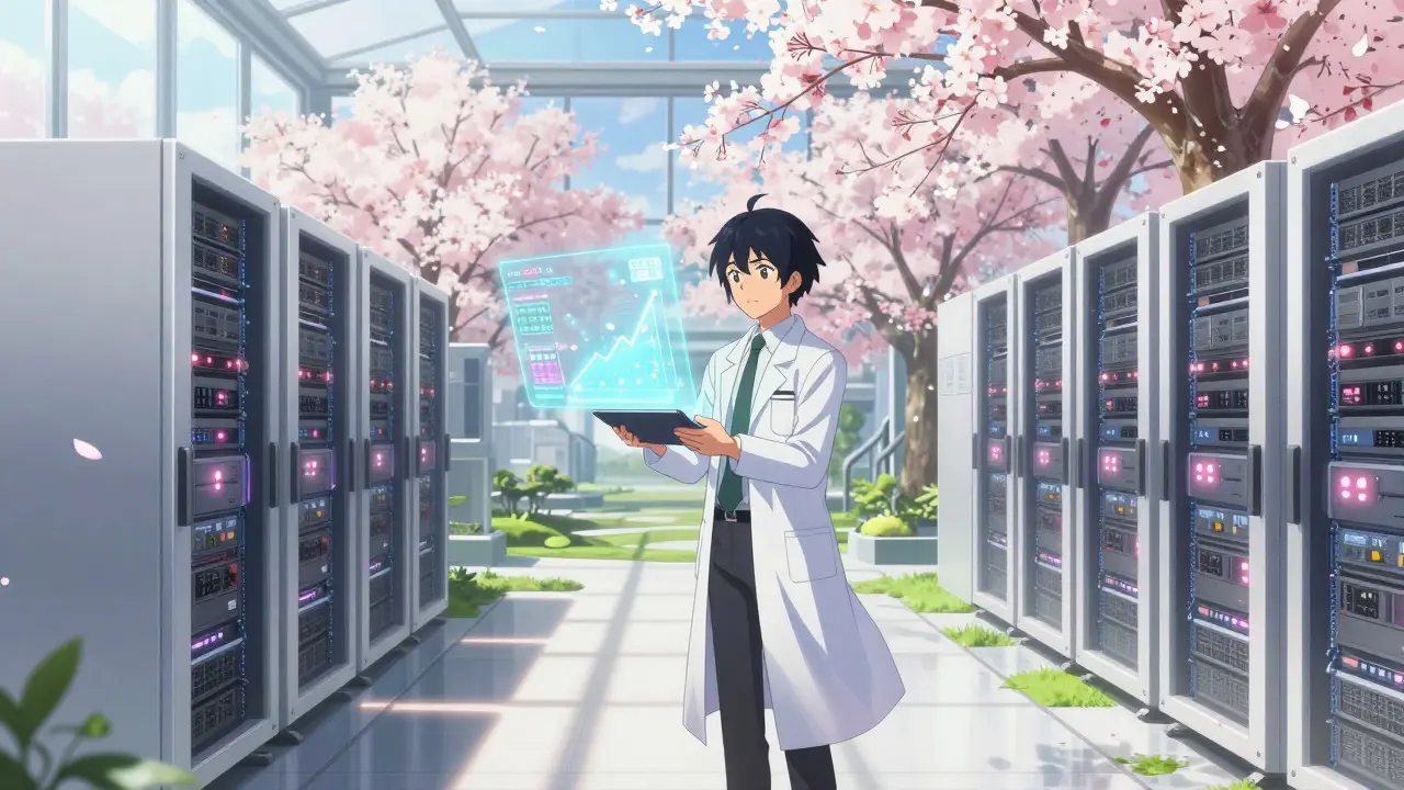 CLAMP style anime of an engineer in a tech-garden server room with holographic data