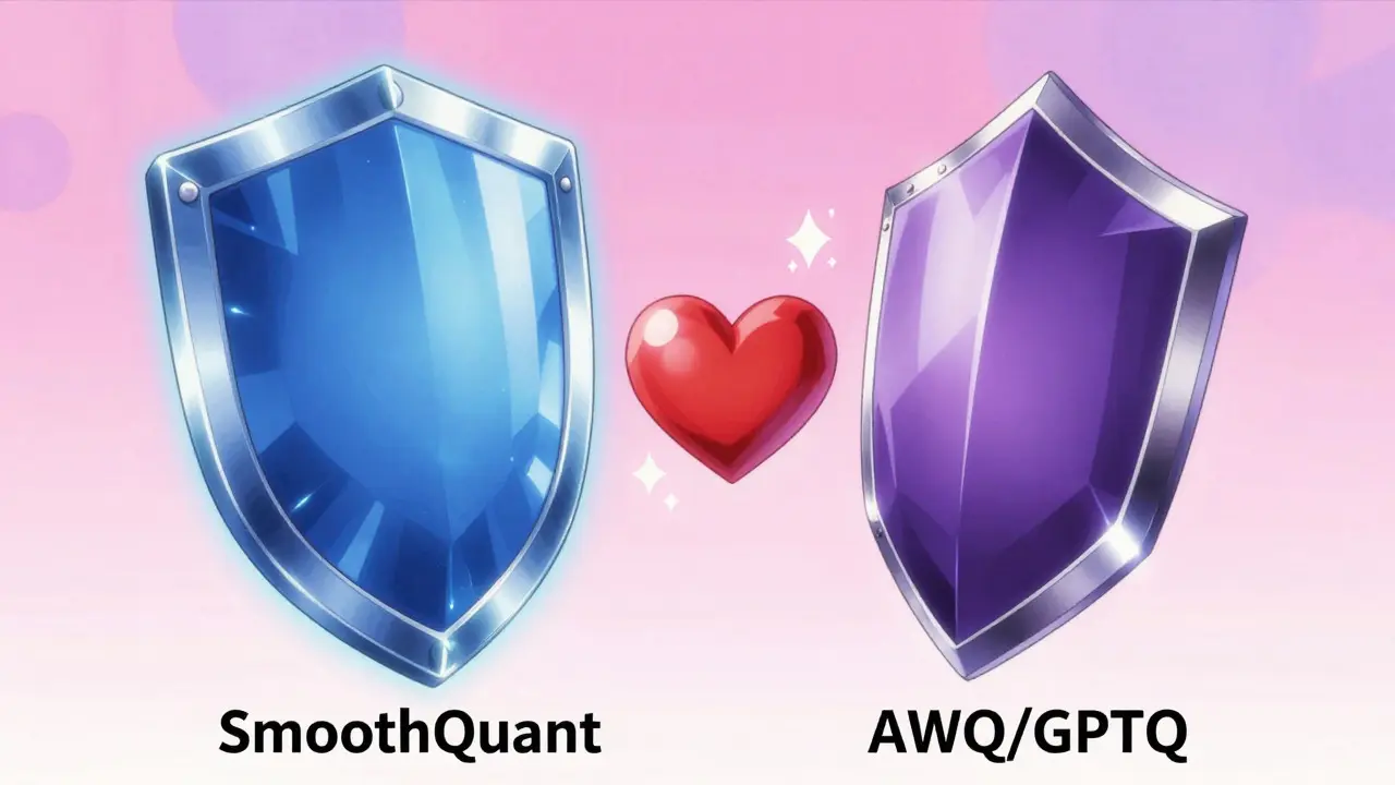 CLAMP style anime showing blue and violet shields representing 8-bit and 4-bit quantization
