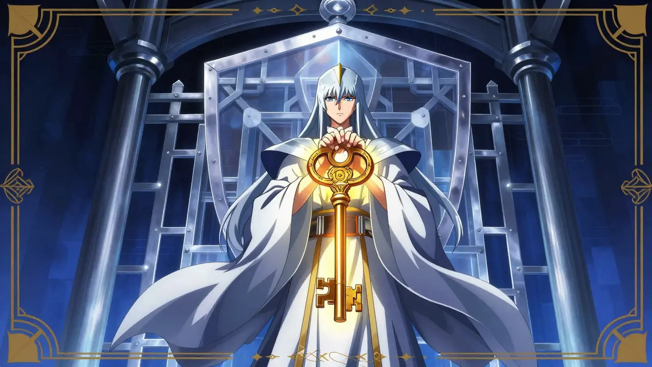 CLAMP style art of a guardian holding a glowing key behind a security shield