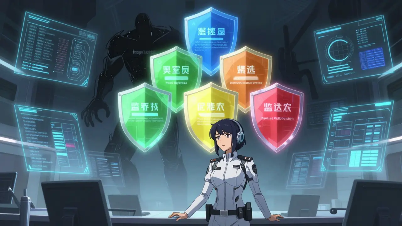 CLAMP style art of a security engineer managing layered AI defenses