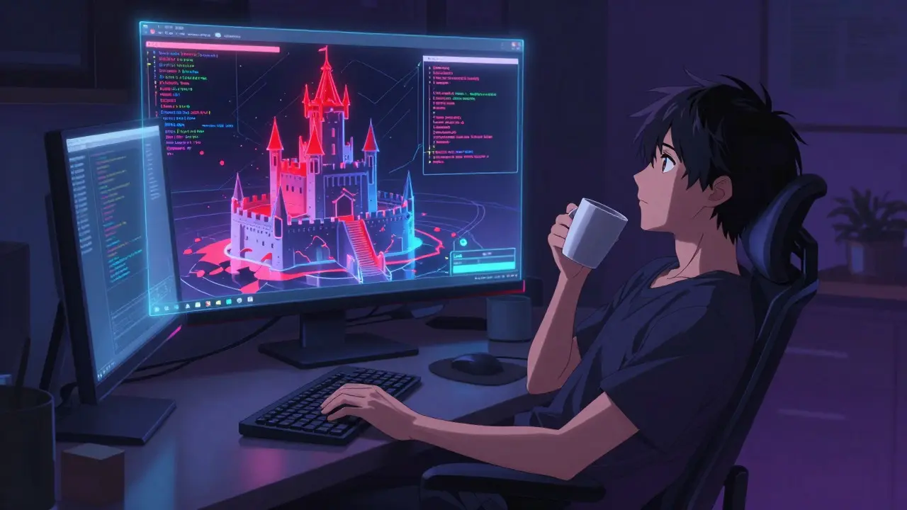 Developer working casually while an AI agent builds unstable digital structures above