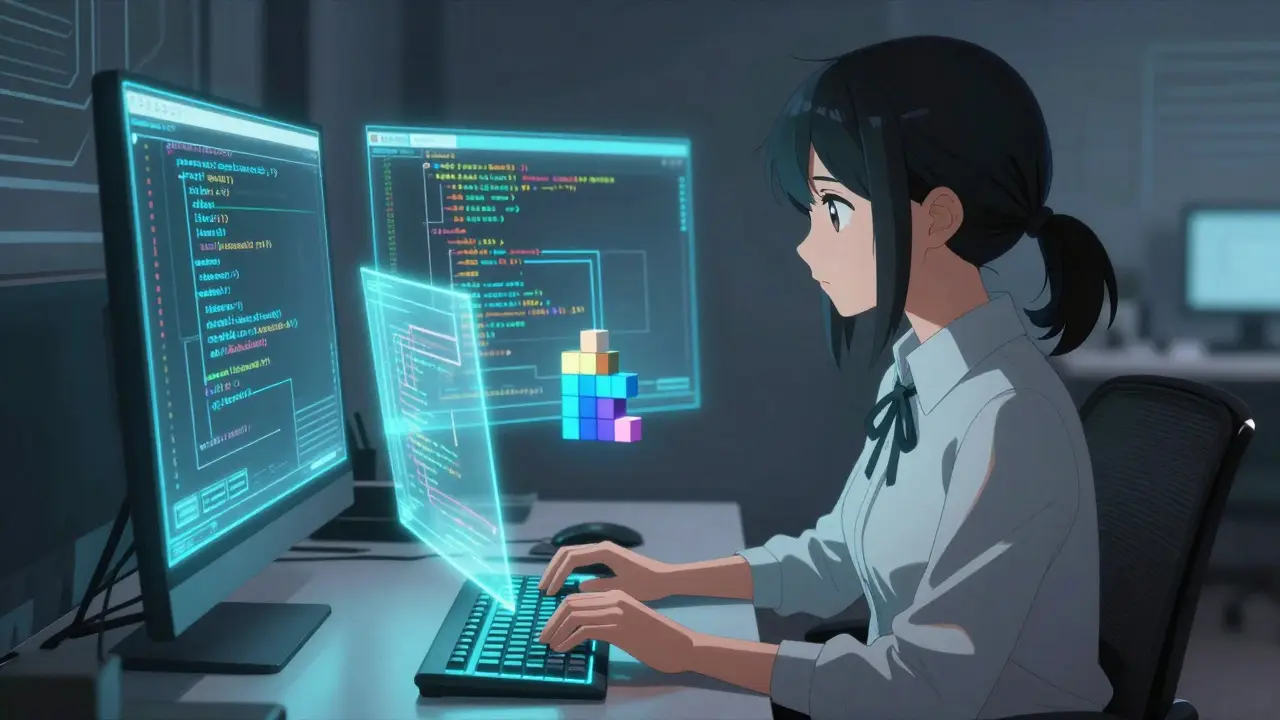 Developer working with holographic code and Tetris blocks