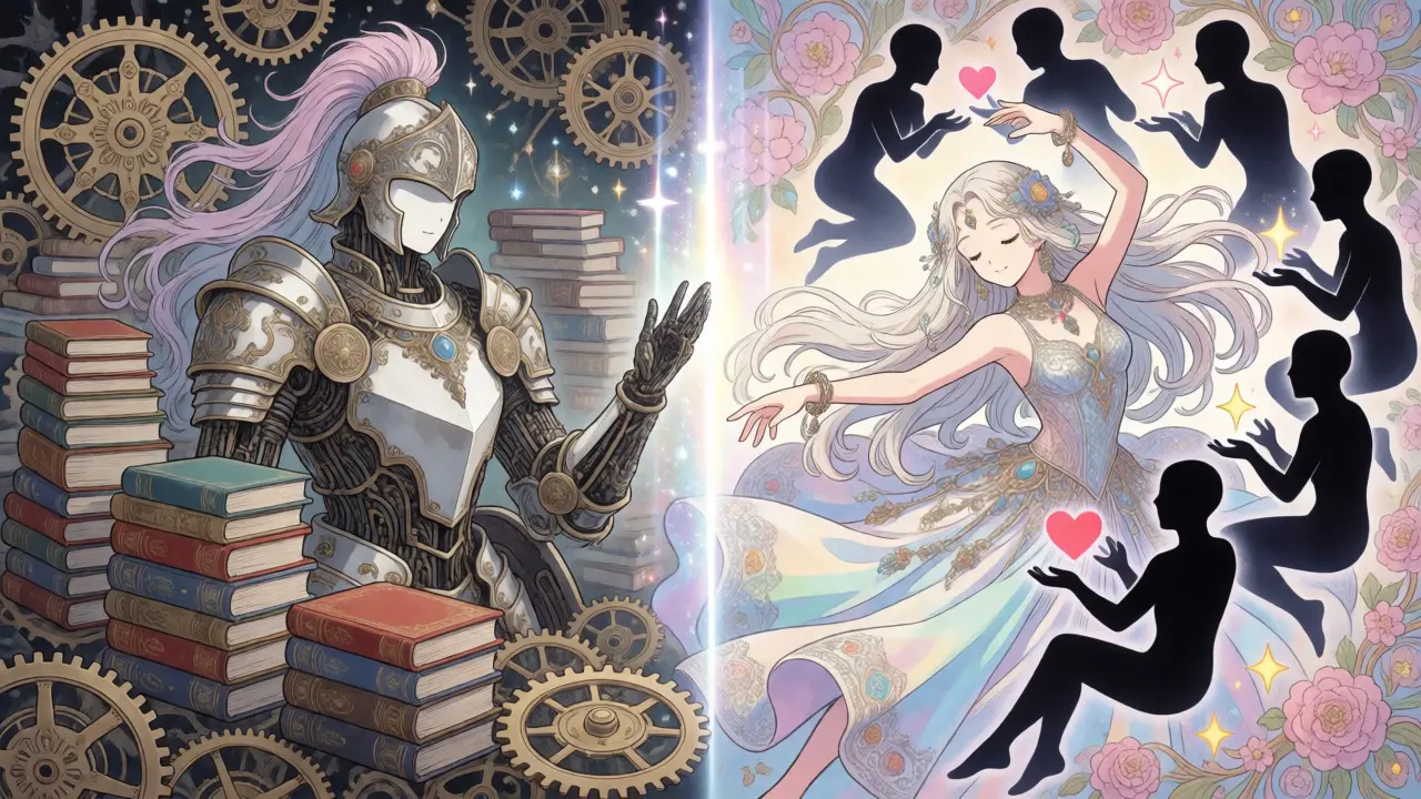 En visuell sammenligning av stiv SFT-magi og flytende RLHF-preferanser i anime-stil.