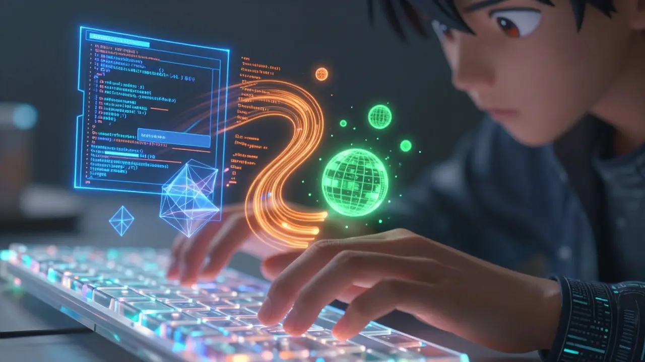 Hender som skriver på et tastatur med levende digitale effekter over fingrene