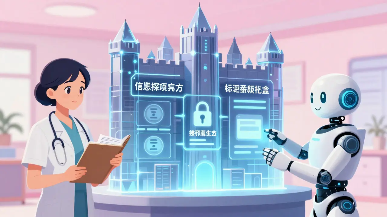 Illustration of a semantic firewall protecting patient data in anime style