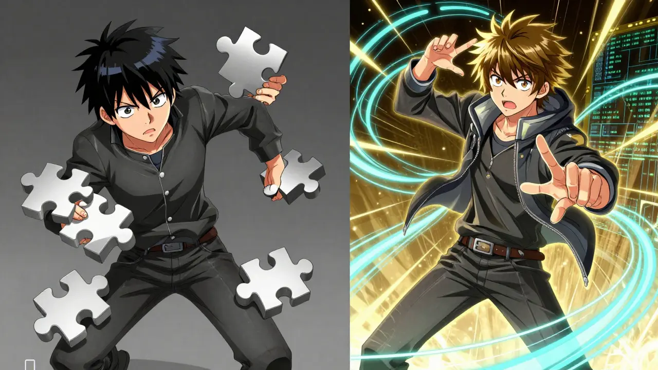 Kontrast mellom stive blokker og fleksible datastrømmer i dramatisk CLAMP-manga stil