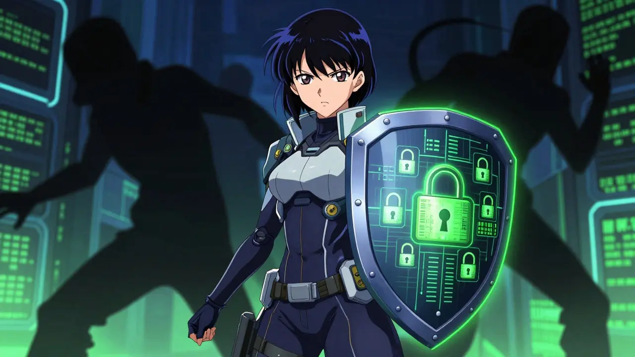 Kvinne med digital sikkerhetsskjold mot skyggefulle hackere i detaljert CLAMP-animé stil