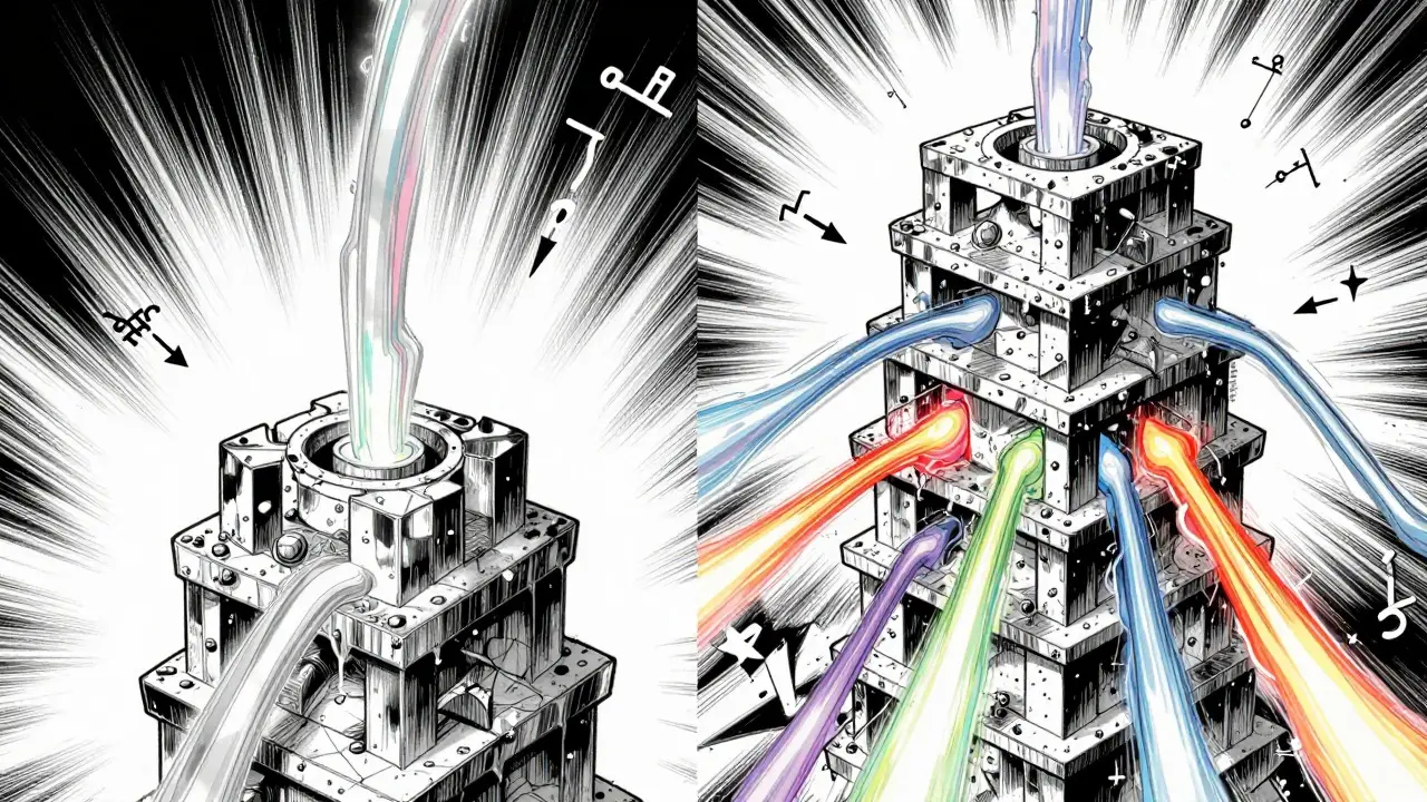 Manga-illustrasjon som viser forskjellen på Prompt Tuning og Prefix Tuning gjennom energistrømmer i et nettverk.