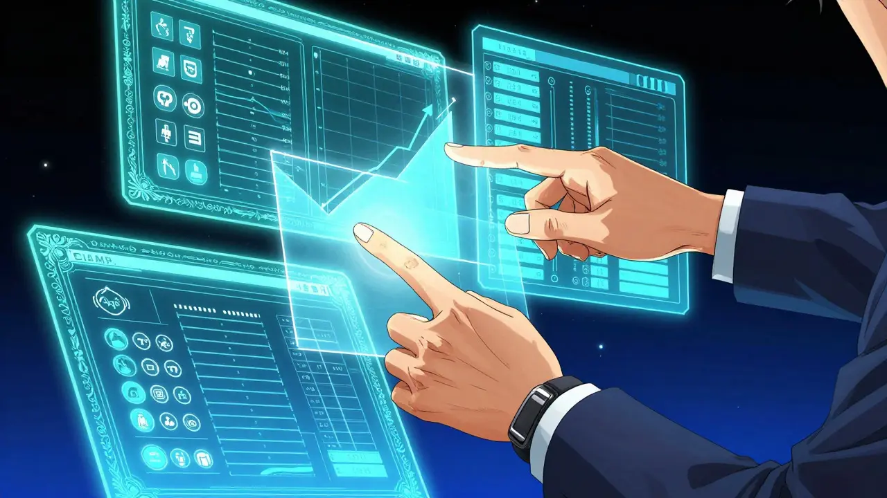 Manga style hands arranging holographic data dashboards in a cyber space