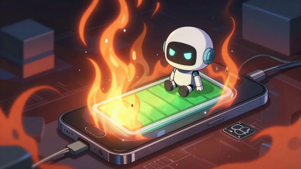 Overopphetet telefon og trøtt AI-robotmascot