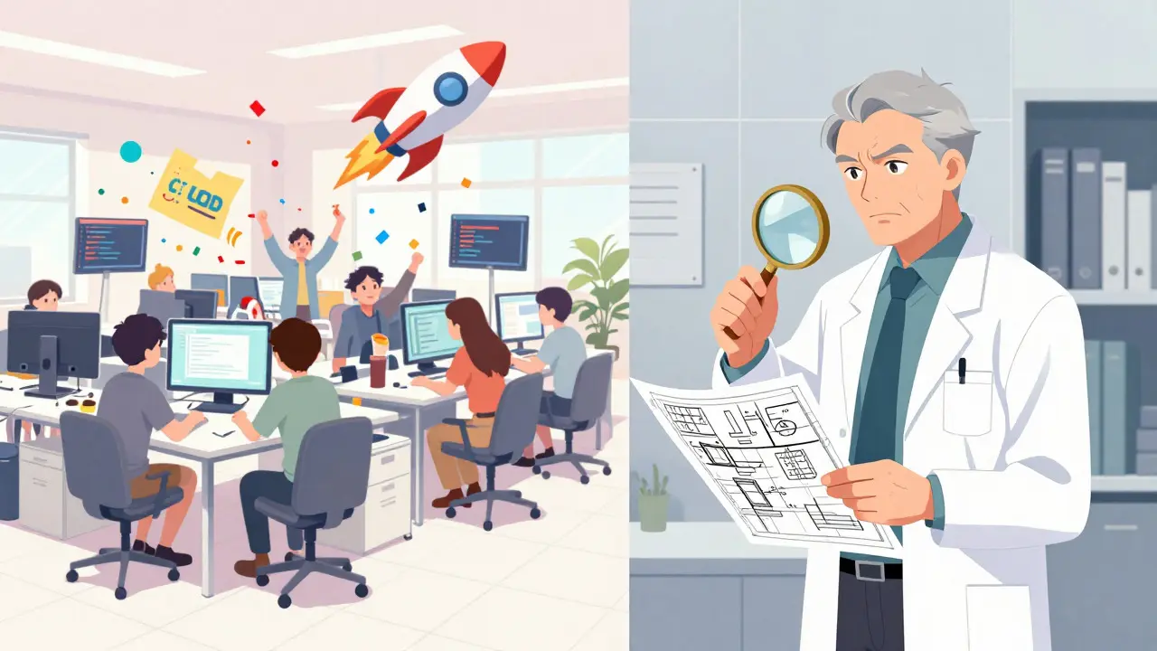 Split image showing chaotic startup coding on the left and structured engineering on the right