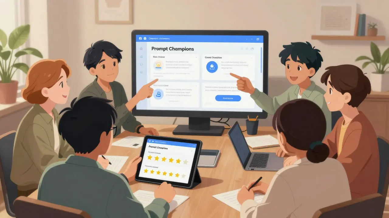 Teamet vurderer og diskuterer sine AI-verktøy under et samarbeidssesjon i anime-stil
