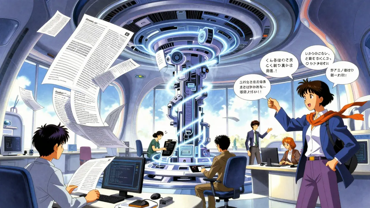 Tre karakterer samarbeider i et futuristisk kontor med ulike AI-oppaver