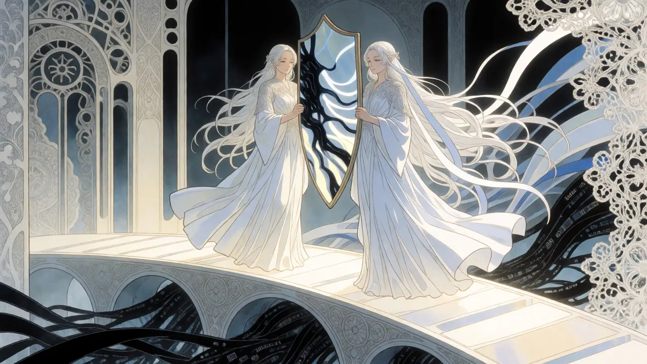 Anime-scene der en AI-figur filtrerer kaotiske datastrømmer gjennom et speil for å finne sannhet.