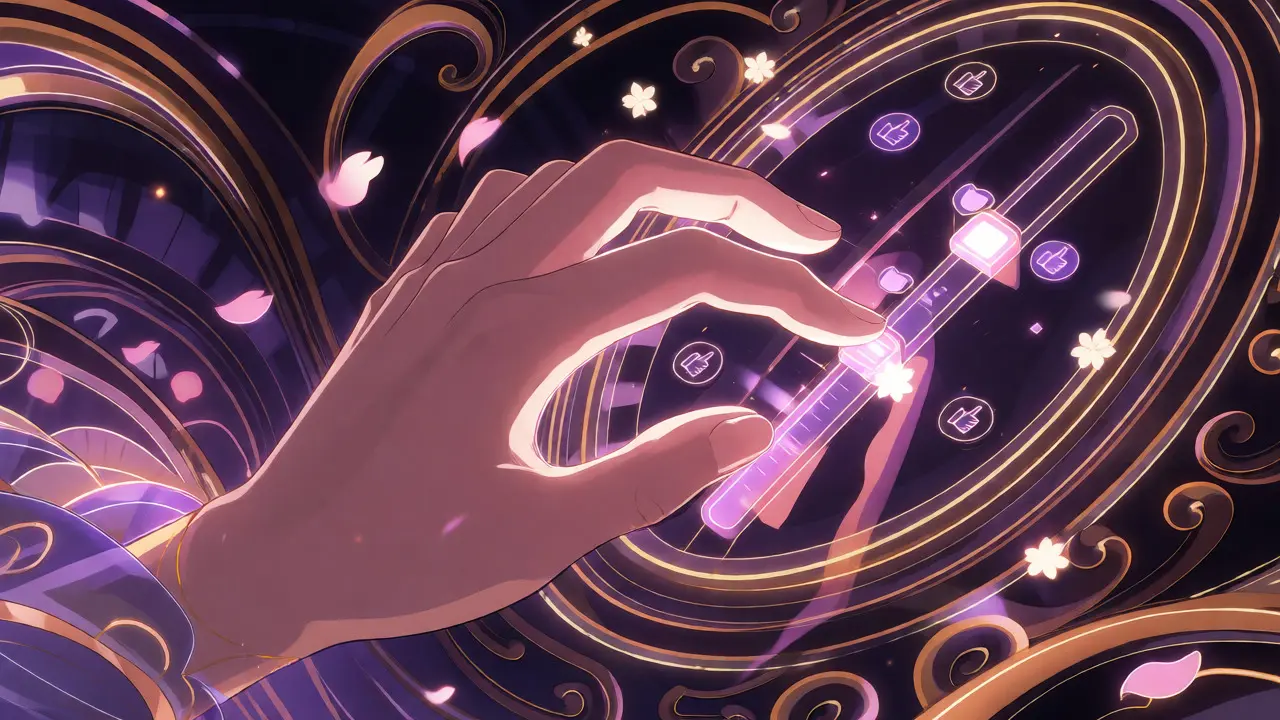 En hånd justerer et holografisk kontrollpanel med flytende visuelle effekter i anime-stil.
