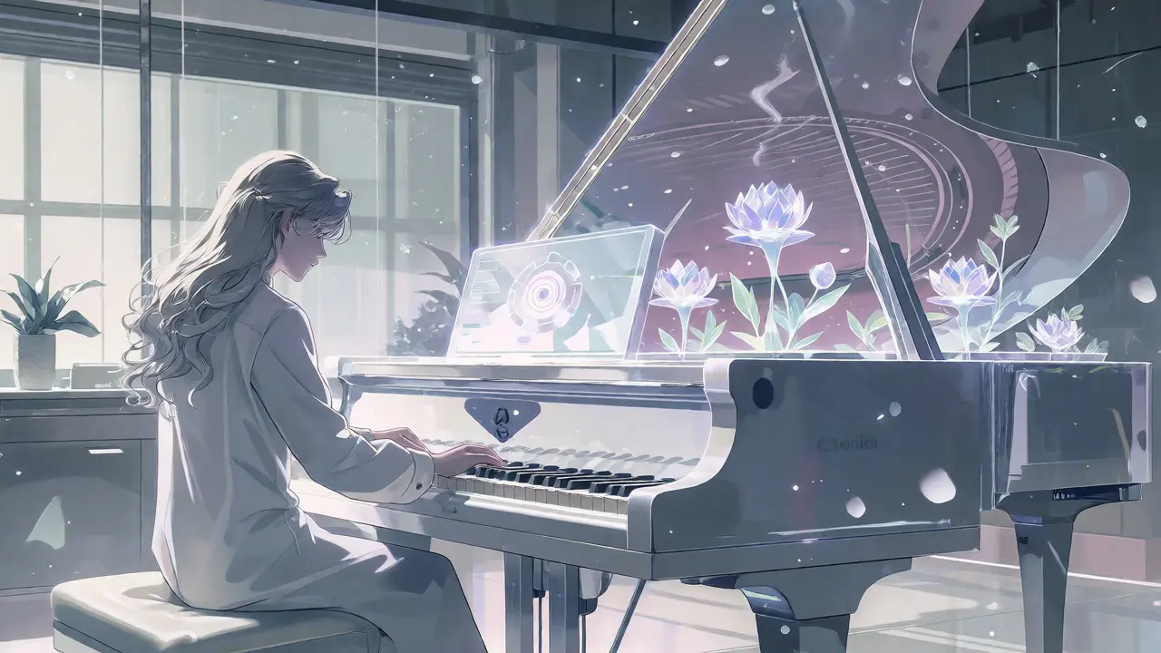En ingeniør styrer holografiske blomster og krystaller i en futuristisk evalueringsramme.