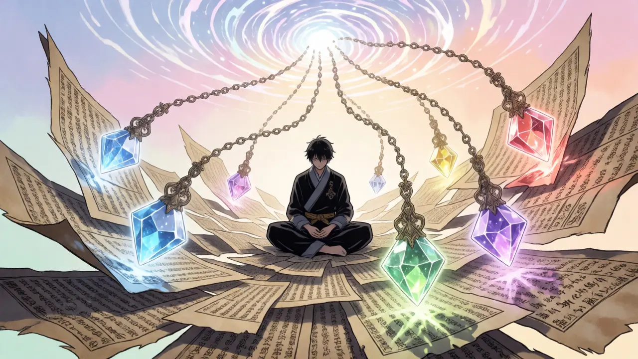 Manga-kunst av dokumentfragmenter som transformeres til lysende krystaller i et abstrakt rom.