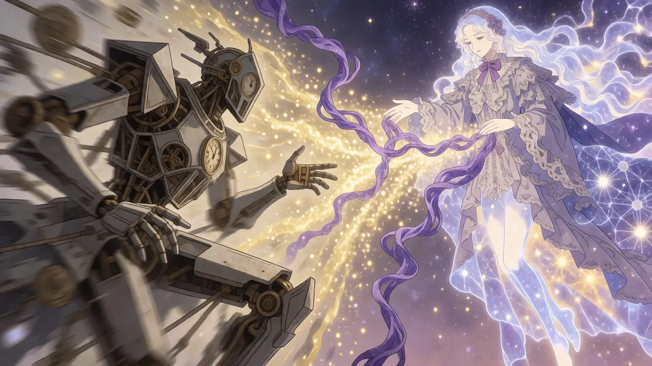 Mechanical automaton and starlight entity filtering data streams in surreal style.