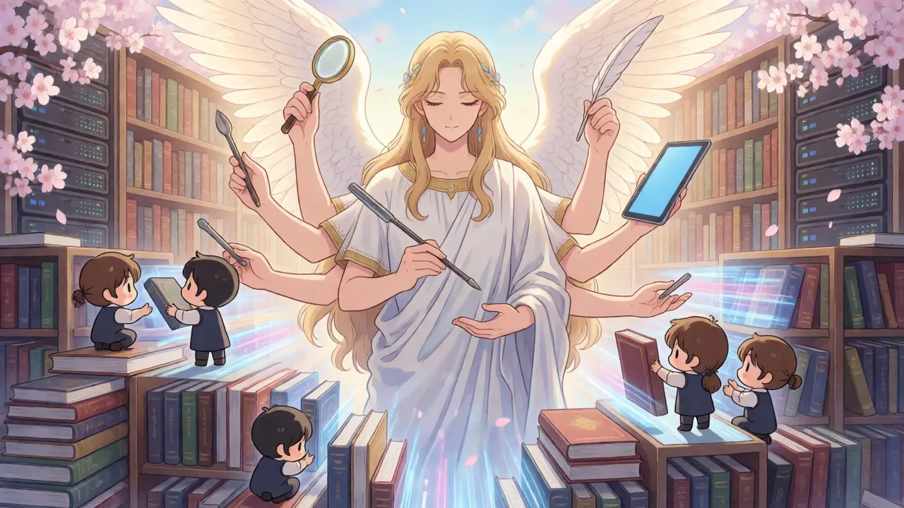 Multi-armed guardian overseeing data libraries with small human assistants.