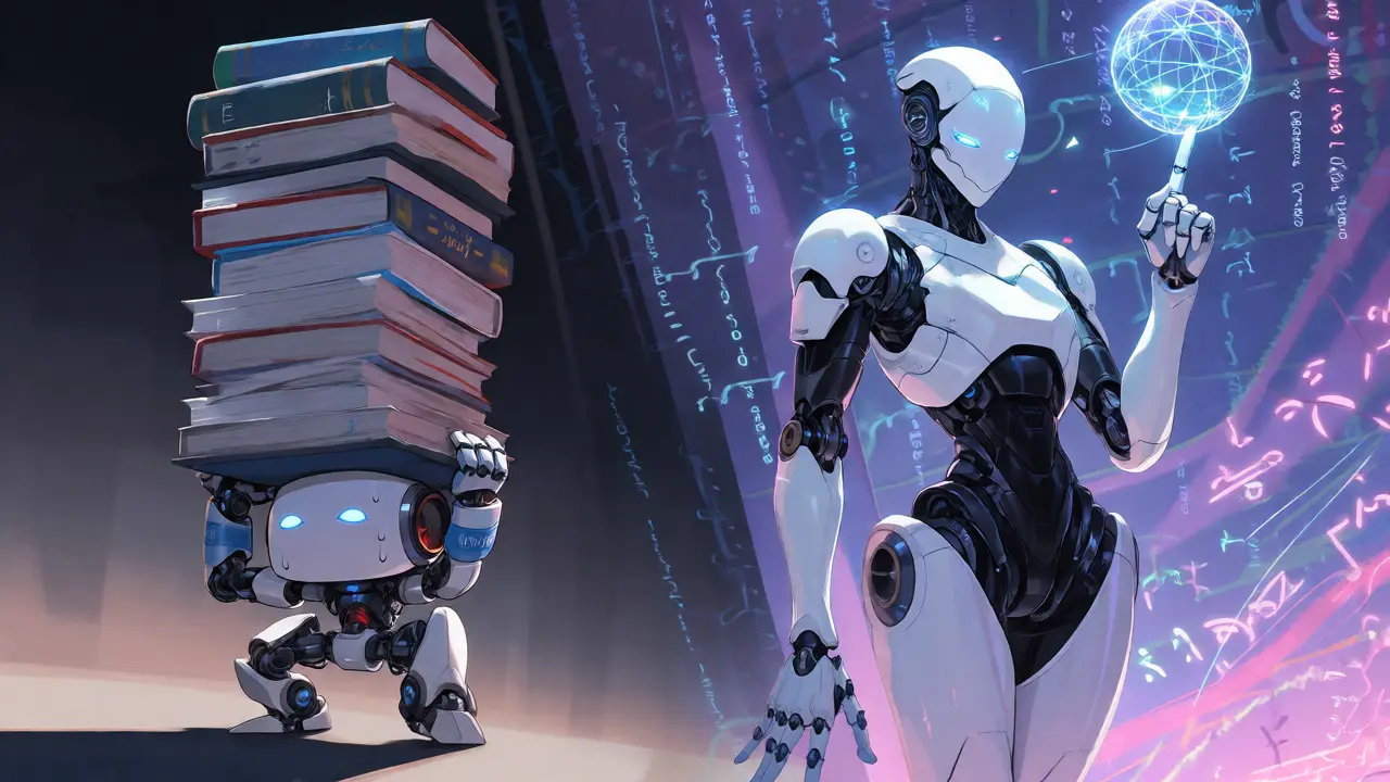 Anime scene contrasting an inefficient robot with a graceful, efficient android balancing logic.