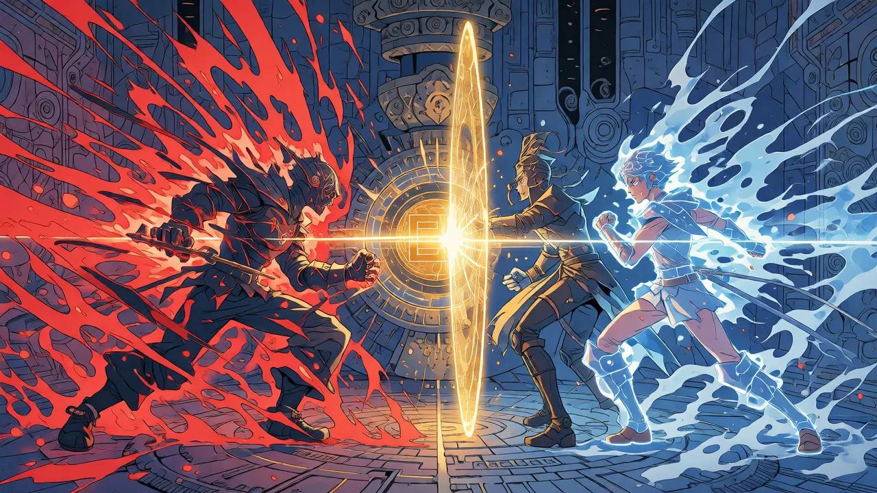 Anime warriors battling exploding and vanishing gradients behind a golden clipping barrier.