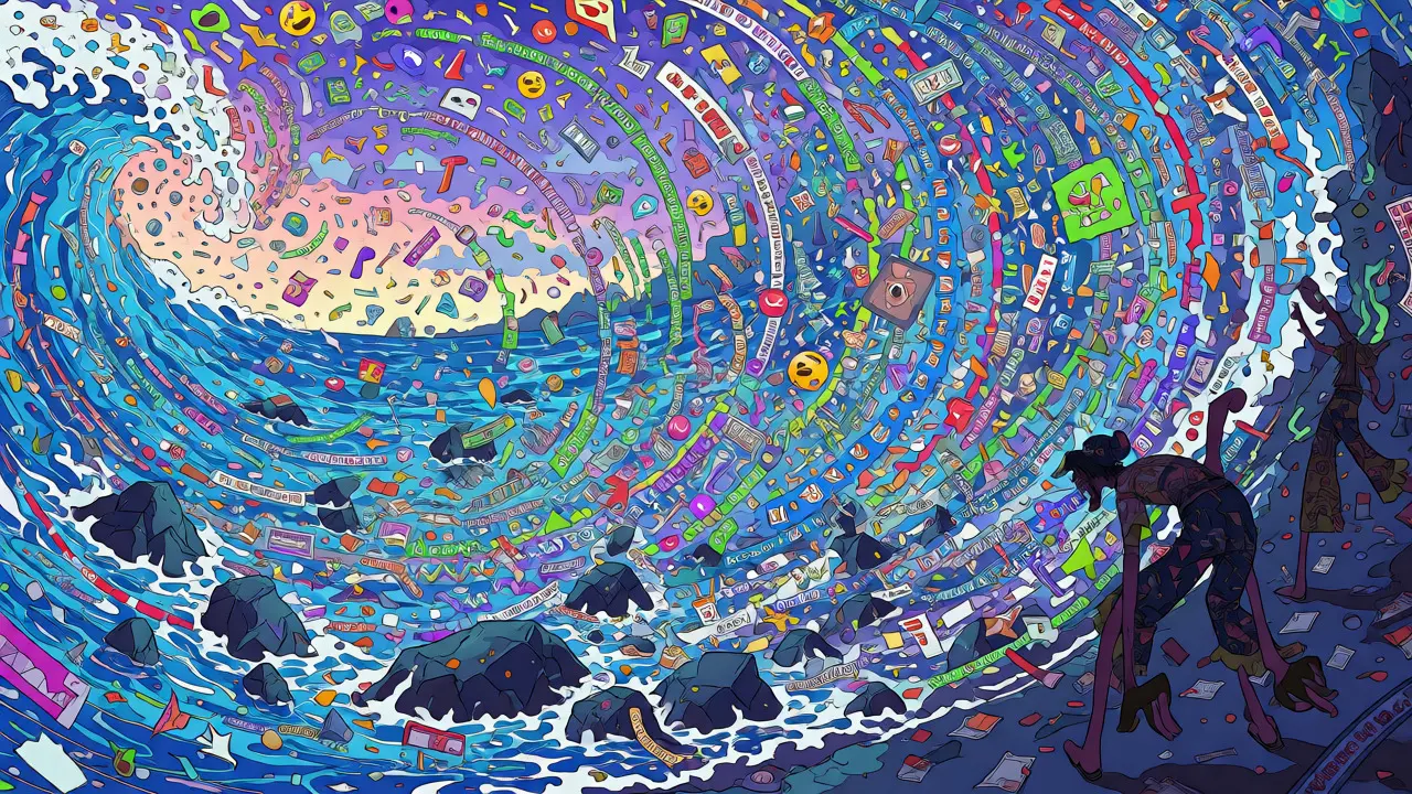Chaotic digital ocean of web data fragments in anime style