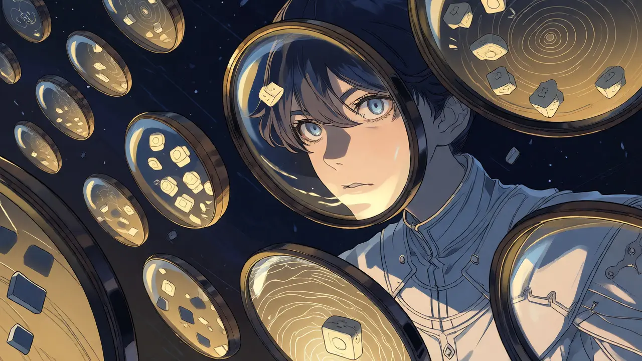 Character observing AI metrics through ornate floating lenses in a dark, detailed observability scene.