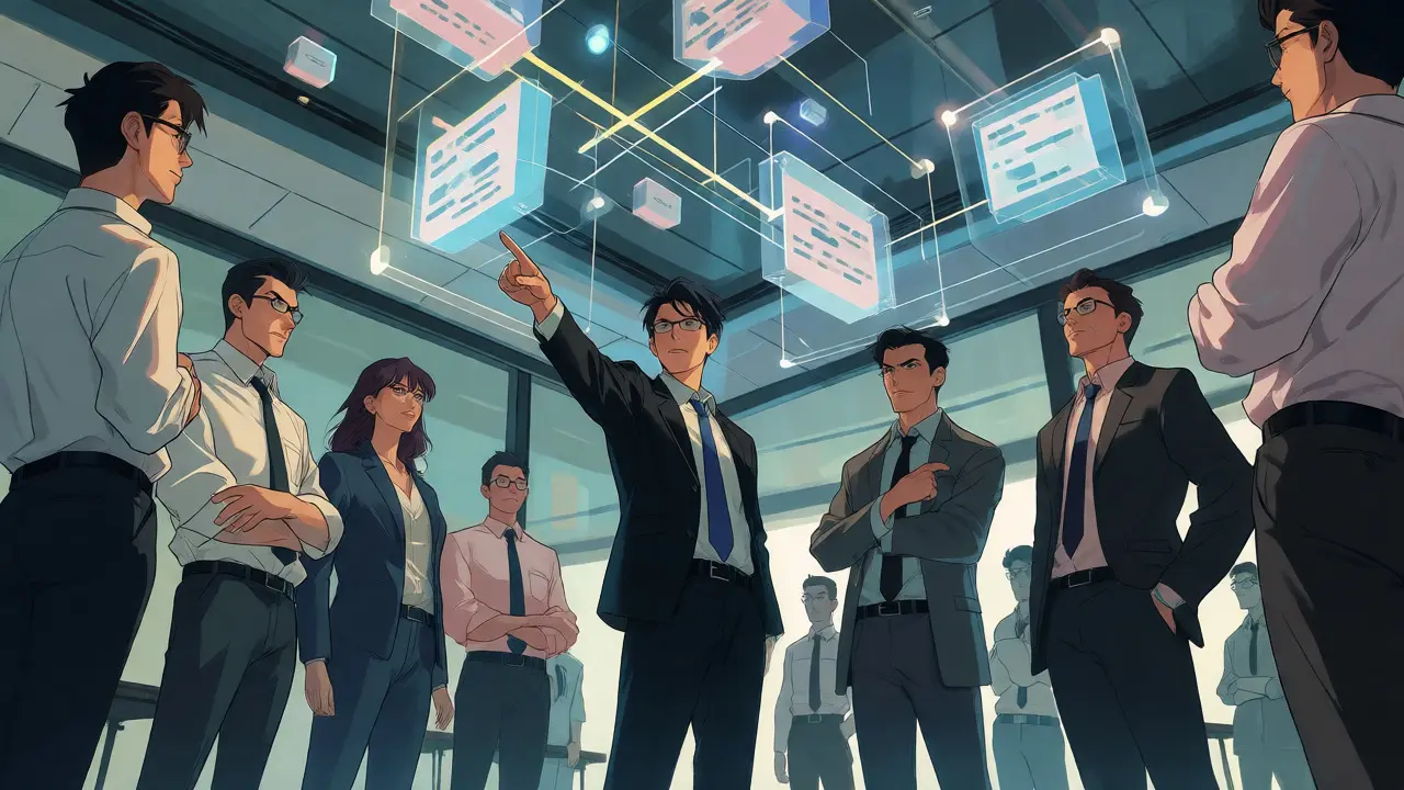 CLAMP-stil anime av et team som styrer og sikrer AI-generert arkitektur med holografiske elementer.