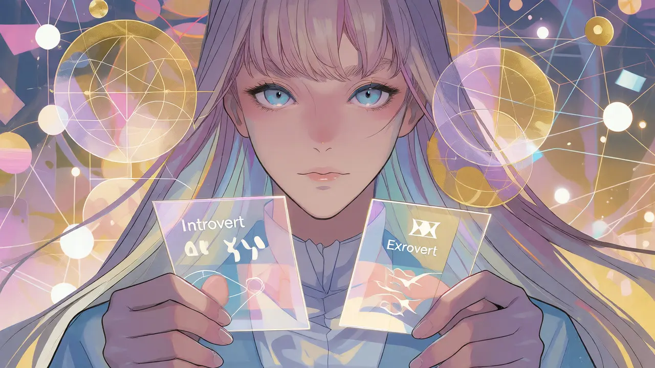 CLAMP-stil illustrasjon av forsker som tester personlighetsbias med hologrammer.