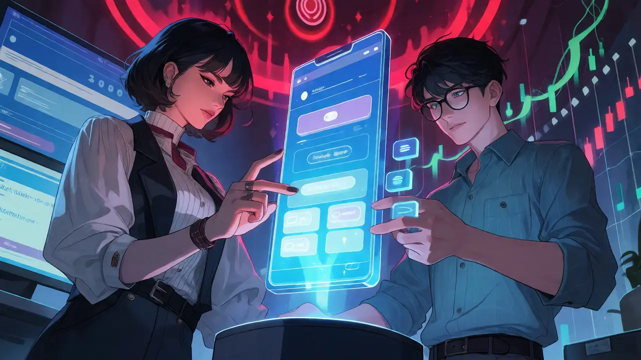 Designer og utvikler samarbeider om en flytende app-projeksjon i detaljert anime-kunst.
