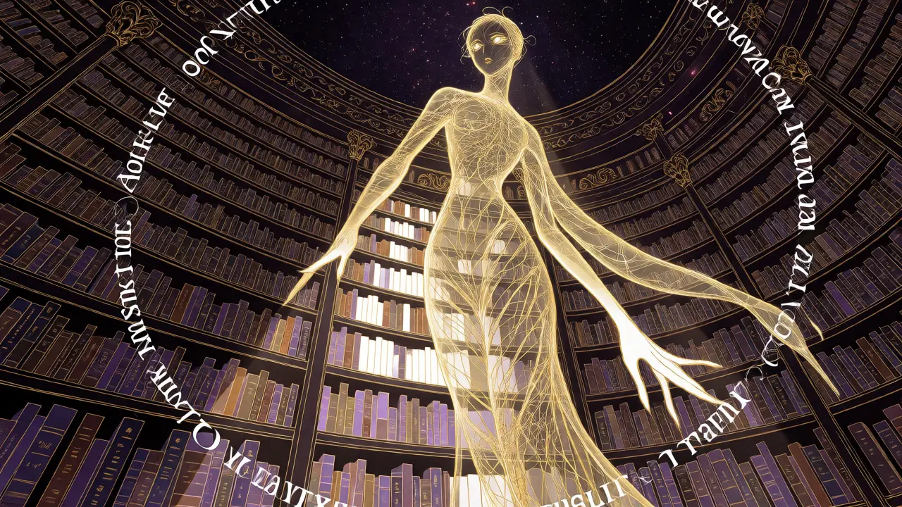 En lysende figur styrer oppmerksomhet mot spesifikke bøker i et kosmisk bibliotek.