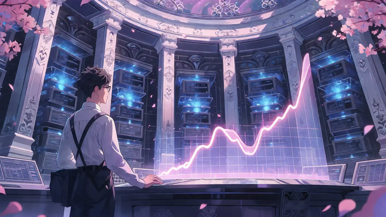 Futuristic anime control center showing falling AI costs with holographic projections and servers.