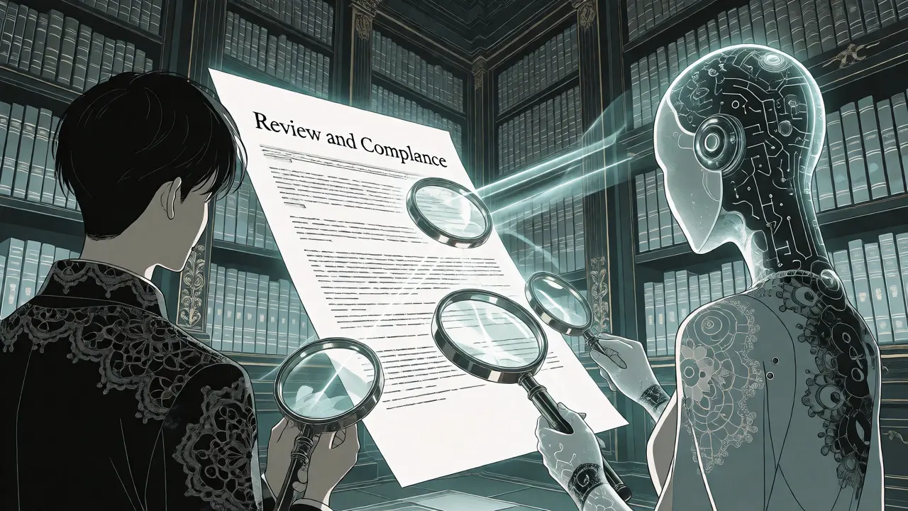 Menneske og AI-avatar gjennomgår et dokument i en lysende bibliotekshall