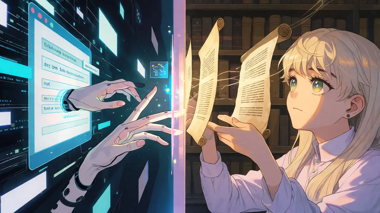 Splitscreen illustrasjon av sanntidsredigering og offline dokumentrensing i et digitalt landskap.
