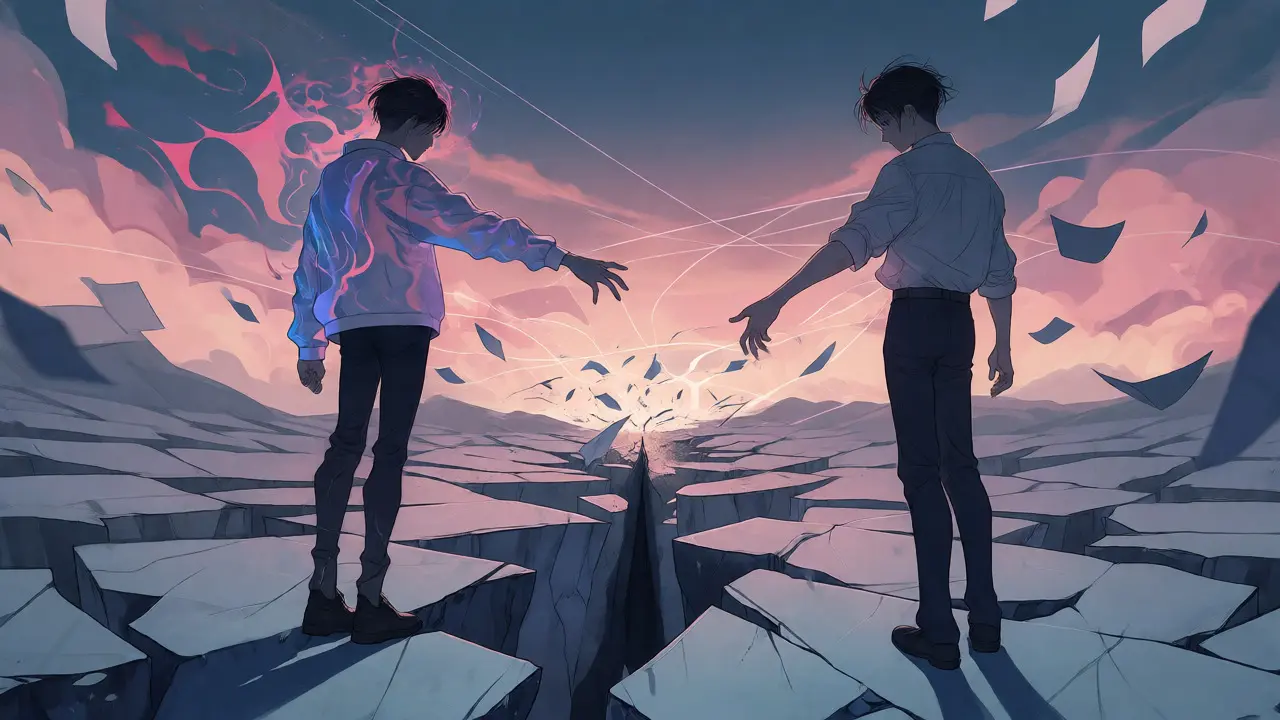Two anime figures bridging a fracturing landscape representing AI model drift and data instability.